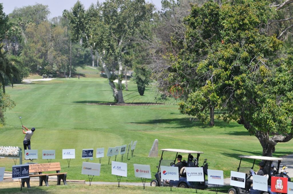 golfers in golf cart on fairway 